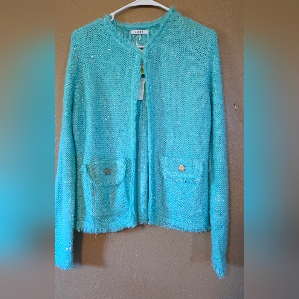 Aqua Sparkle Knit Cardigan with Fringe Pockets